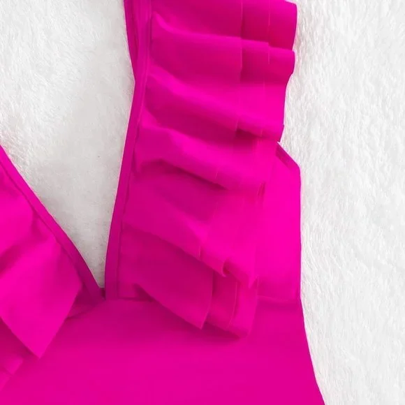 Hot Pink Preppy Womens Ruffle Trim One Piece Swimsuit